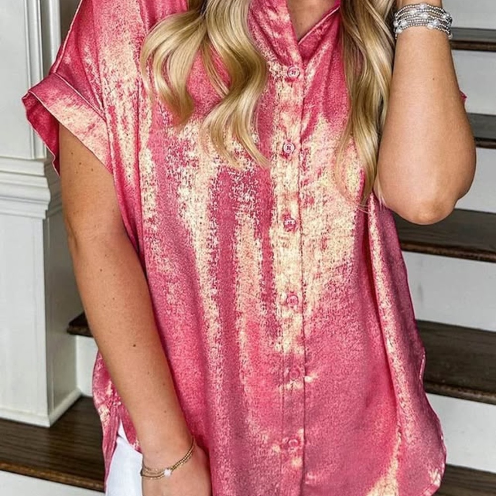 Rose Red Metallic Sheen Short Sleeve Buttoned Front Casual Shirt Large